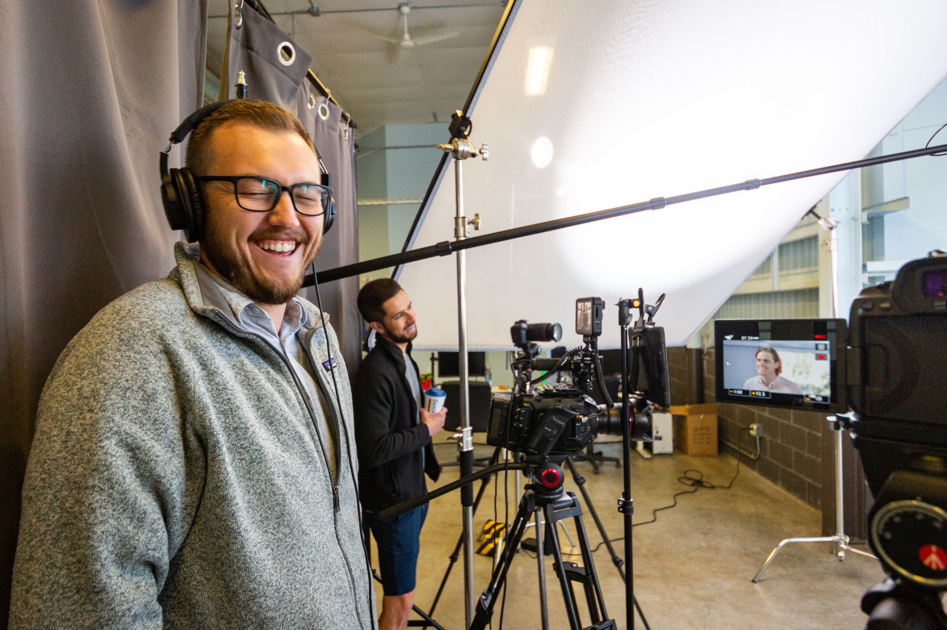 Behind the scenes of a video interview set